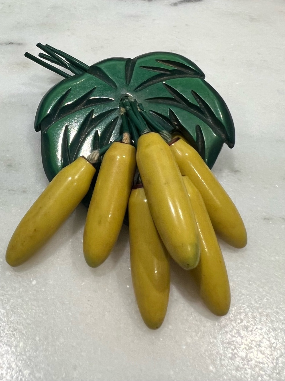 Bakelite - Vintage Green Leaf Brooch with Yellow Banana Cluster
